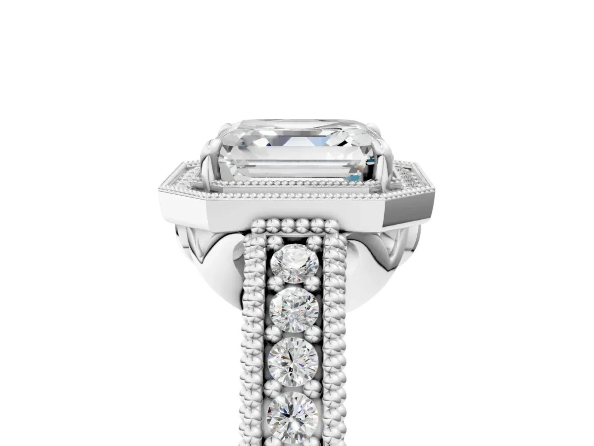 Asscher Cut Cut Halo Diamond Ring with Pavé Band and Four-Prong Setting Platinum