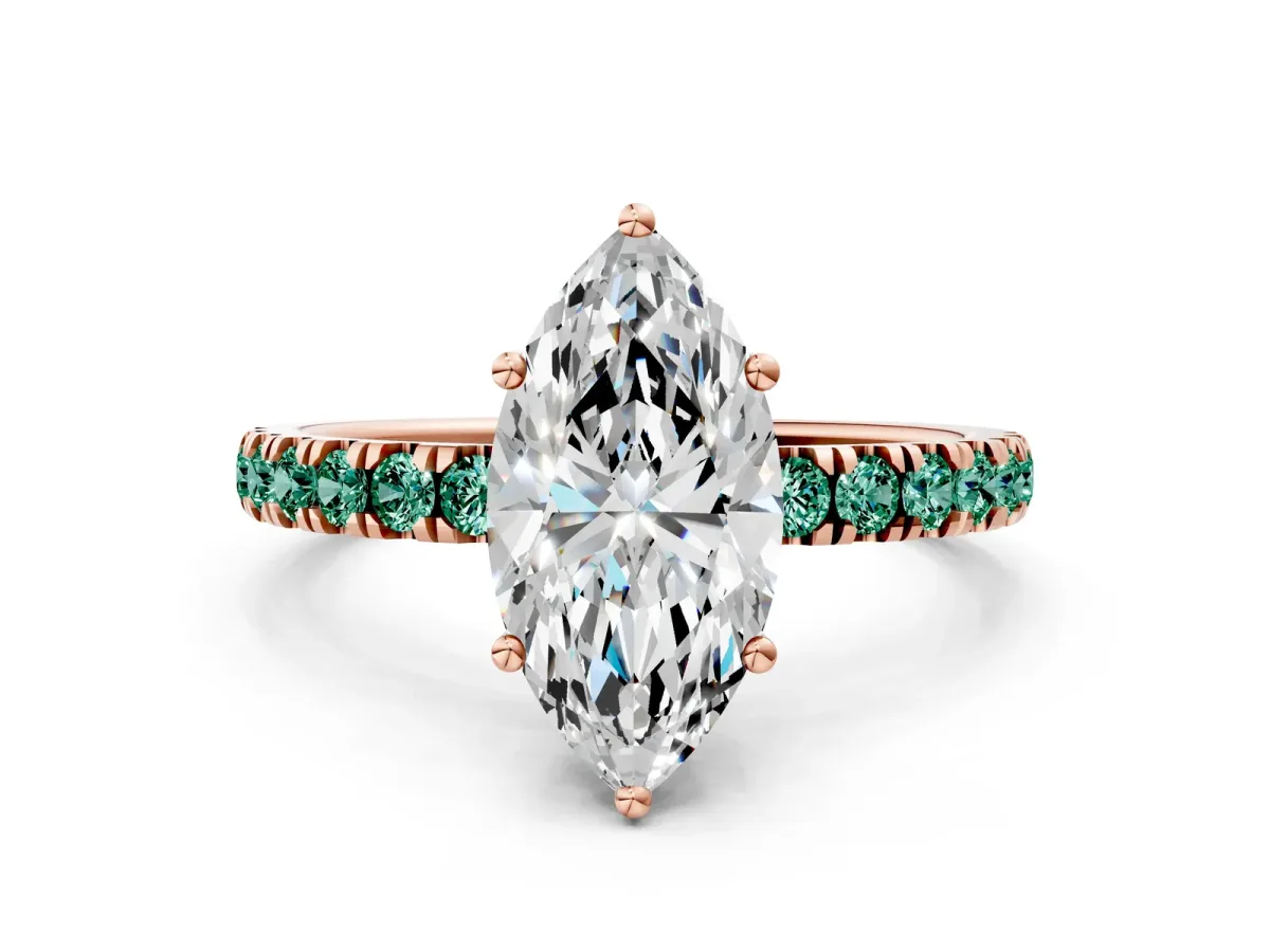 Marquise Cut Diamond Pave Band Solitaire Ring with Round Green Sapphire and Prong Setting Rose gold