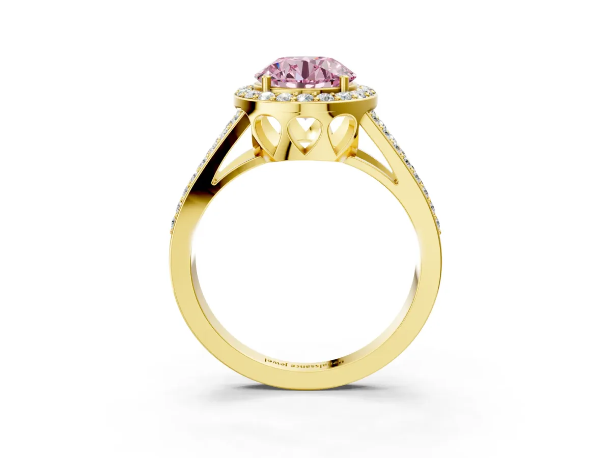 Fancy Pink Round Cut Diamond Halo Ring with Split Shank U-Prong Band and Four-Prong Setting Yellow gold