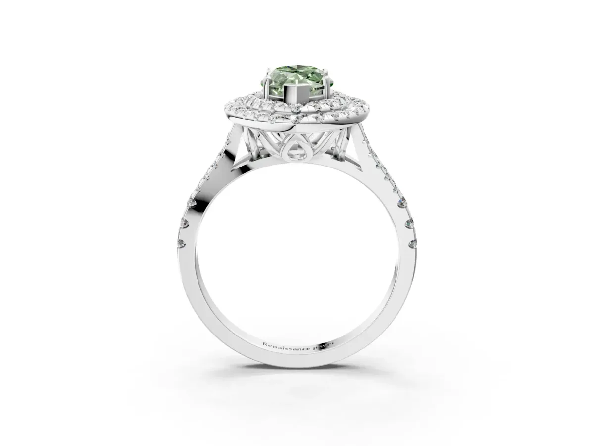 Fancy Green Double Halo Marquise Cut Diamond Pavé Split Shank Ring with Prong Setting Silver