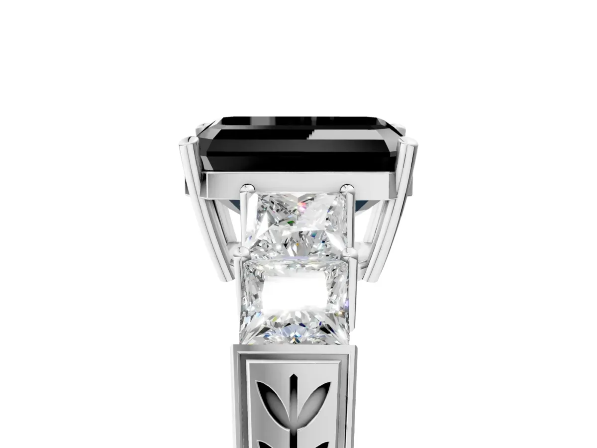 Fancy Black Emerald Cut Solitaire Princess Side Stone Engraved Band Prong Setting Ring White gold