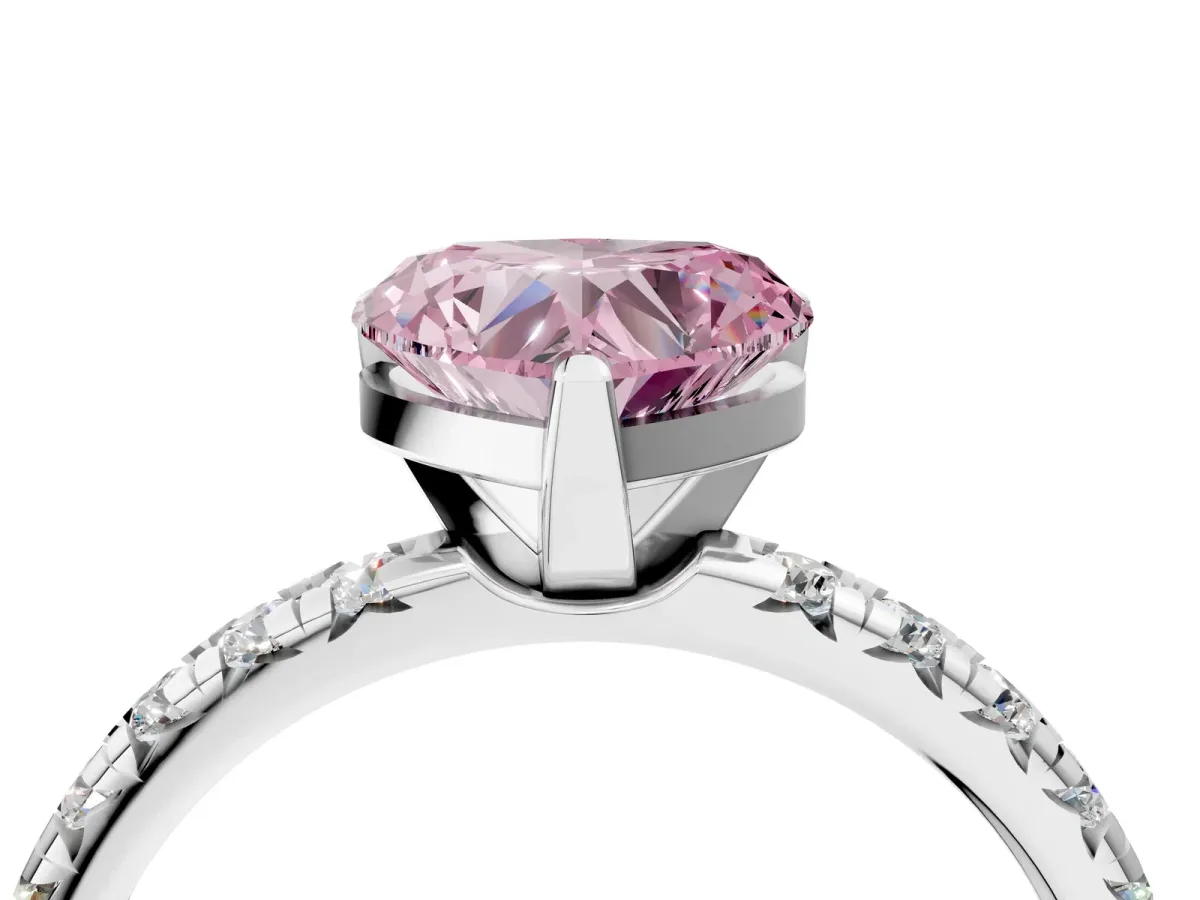 Fancy Pink Heart Cut Diamond Solitaire Pavé Engagement Ring with Round Band and Prong Setting White gold