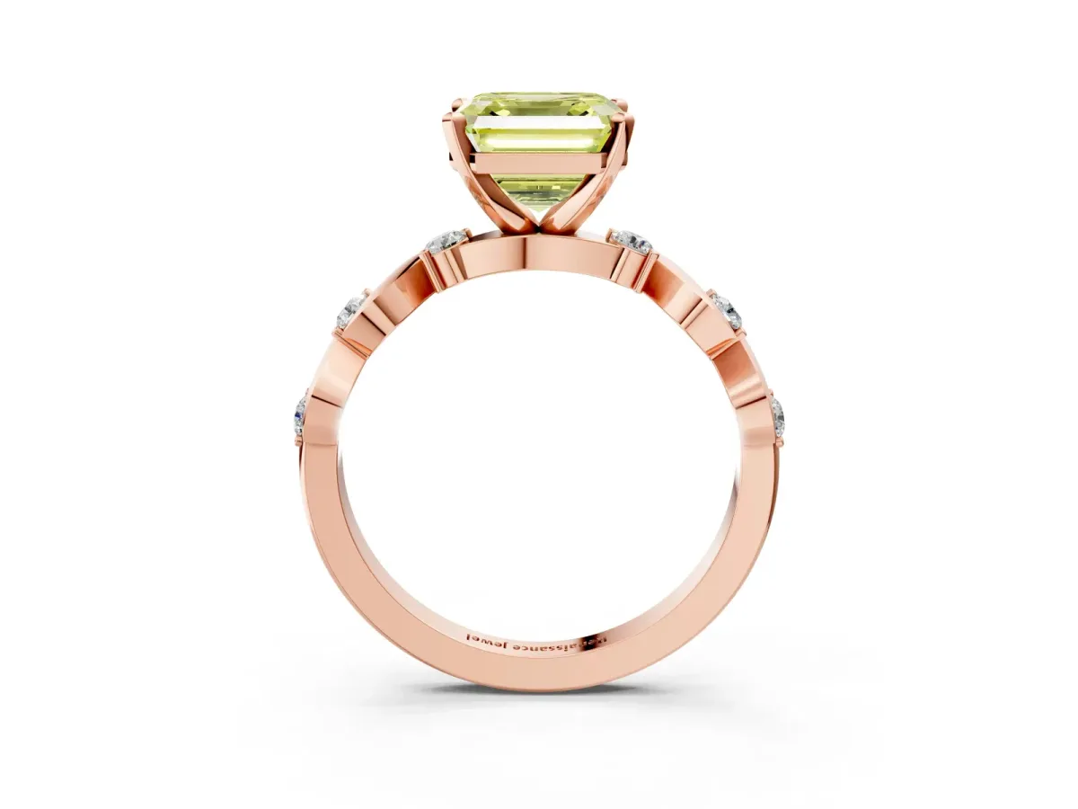 Fancy Yellow Asscher Cut Diamond Solitaire Twisted Band with Round Accents and Prong Setting Rose gold