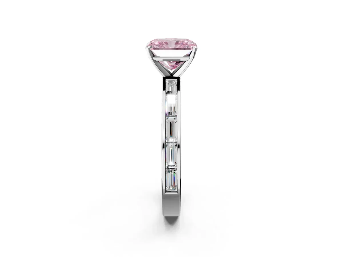 Fancy Pink Radiant Cut Solitaire Diamond Ring with Channel-Set Baguette Band and Four-Prong Setting White gold