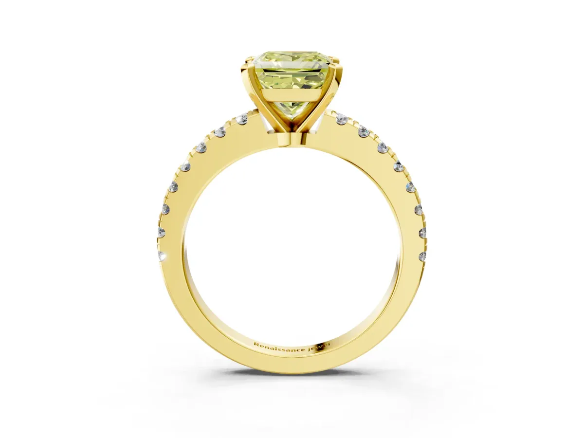 Fancy Yellow Princess Cut Solitaire Diamond with Pavé Band and Four-Prong Setting Yellow gold
