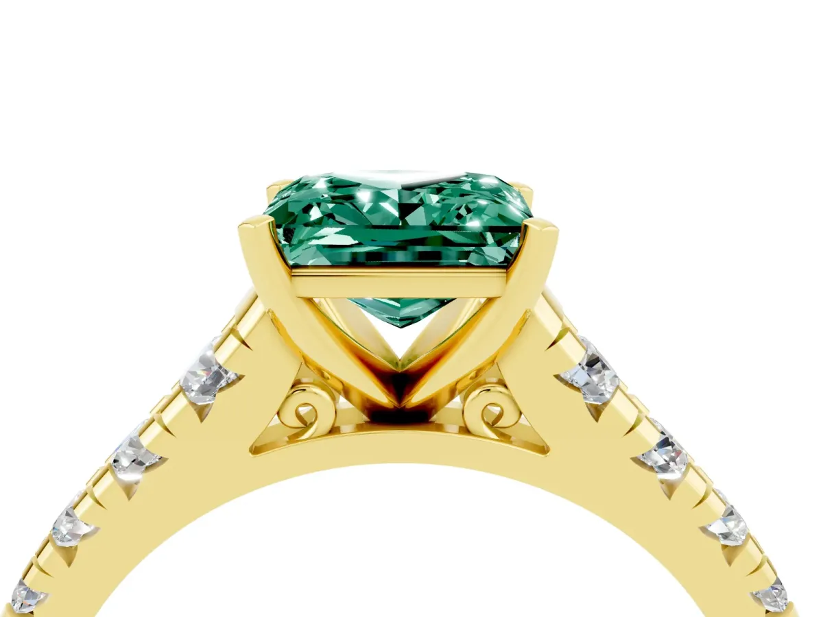 Princess Cut Green Sapphire Cathedral Solitaire Ring with Round Pavé Band Yellow gold