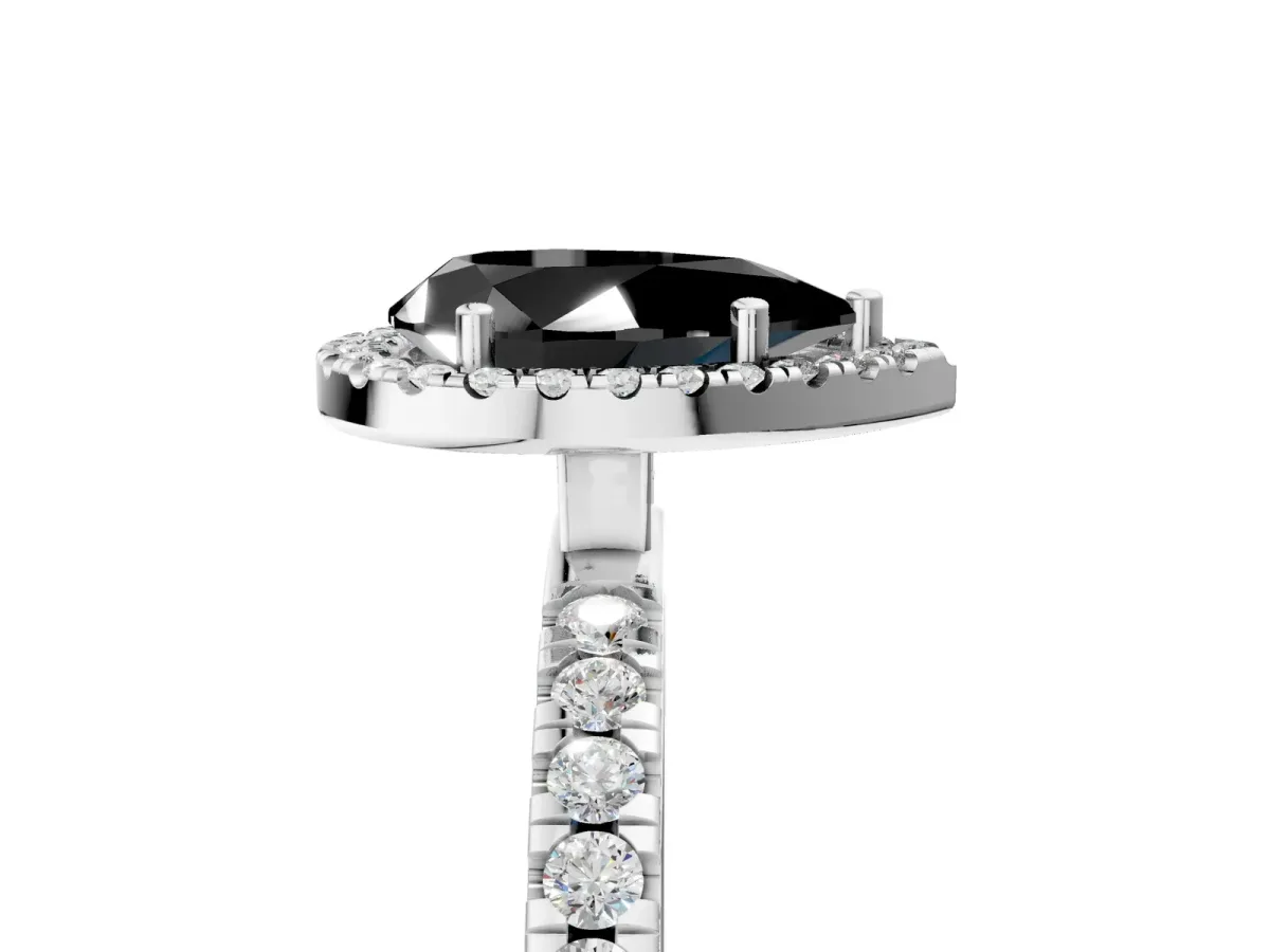 Fancy Black Pear Cut Diamond Classic Halo Engagement Ring with Round Pavé Band and Prong Setting White gold
