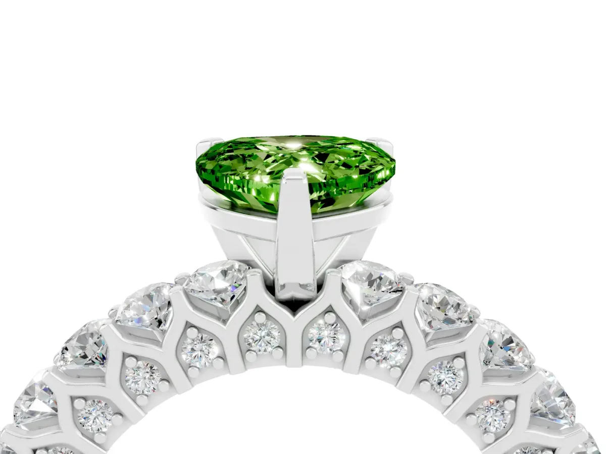Heart Cut Peridot Solitaire Ring with Shared Prong Pavé Band and Four-Prong Setting Silver