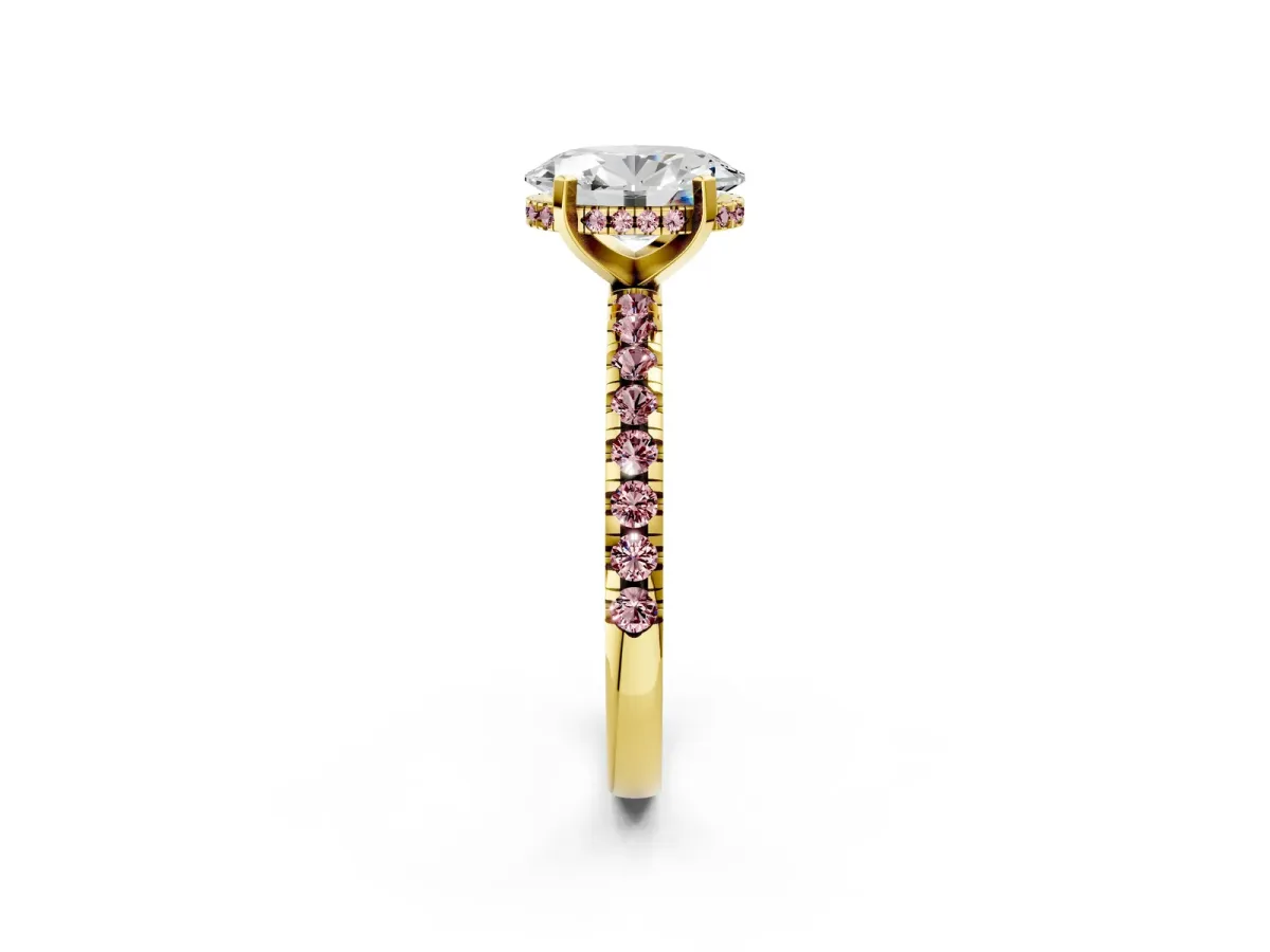 Oval Cut Diamond Solitaire Ring with Round Morganite Pavé Band and Four-Prong Setting Yellow gold
