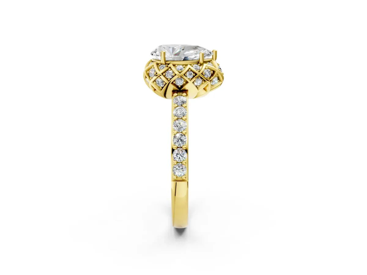 Pear Cut Diamond Scalloped Halo Engagement Ring with Round Shared Prong Band Yellow gold