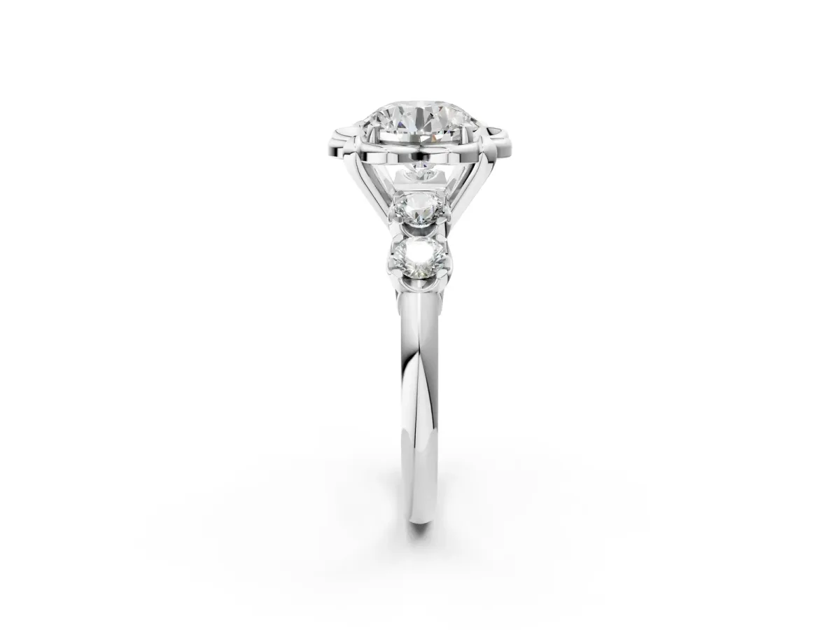 Round Cut Cut Diamond Floral Halo Engagement Ring with Shared Prong Setting Silver