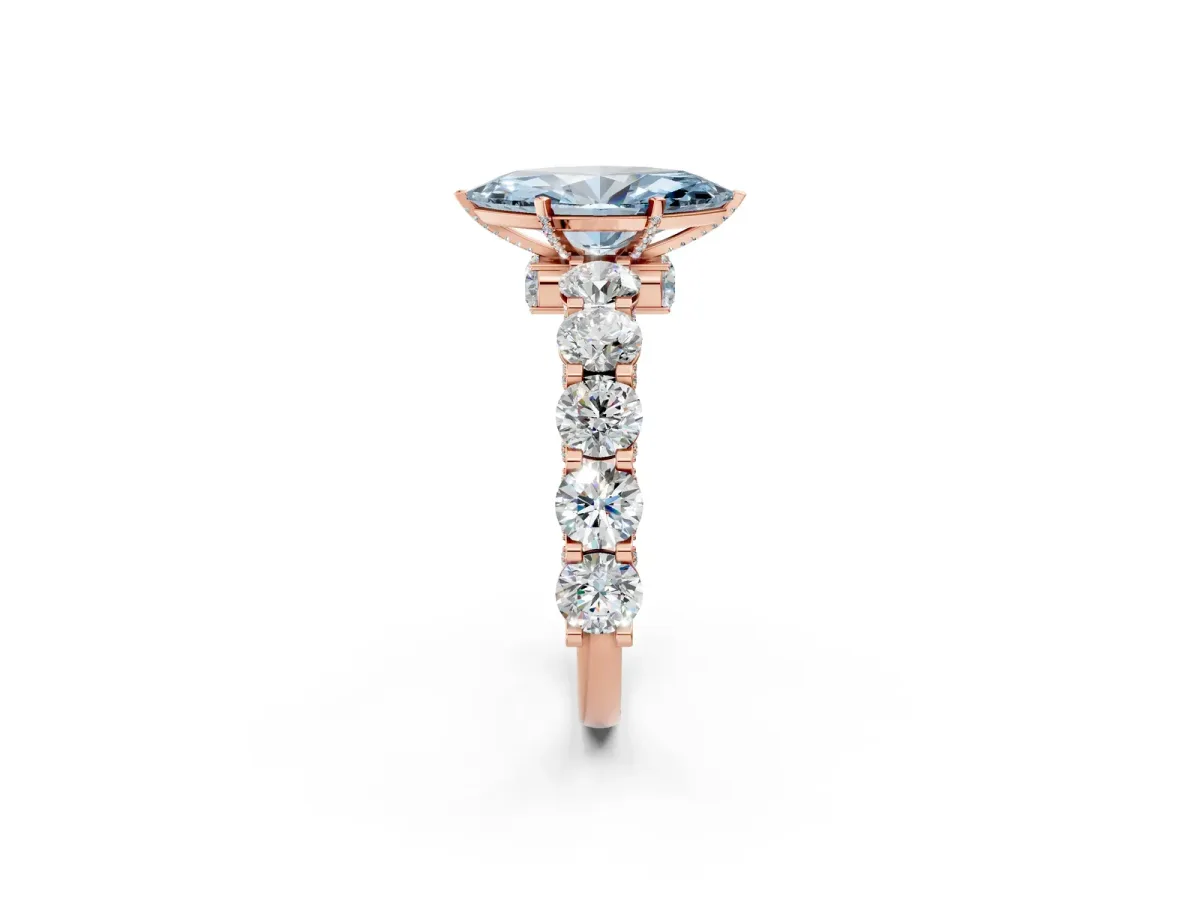 Fancy Blue Marquise Cut Diamond Side Stone Engagement Ring with Four-Prong Setting Rose gold