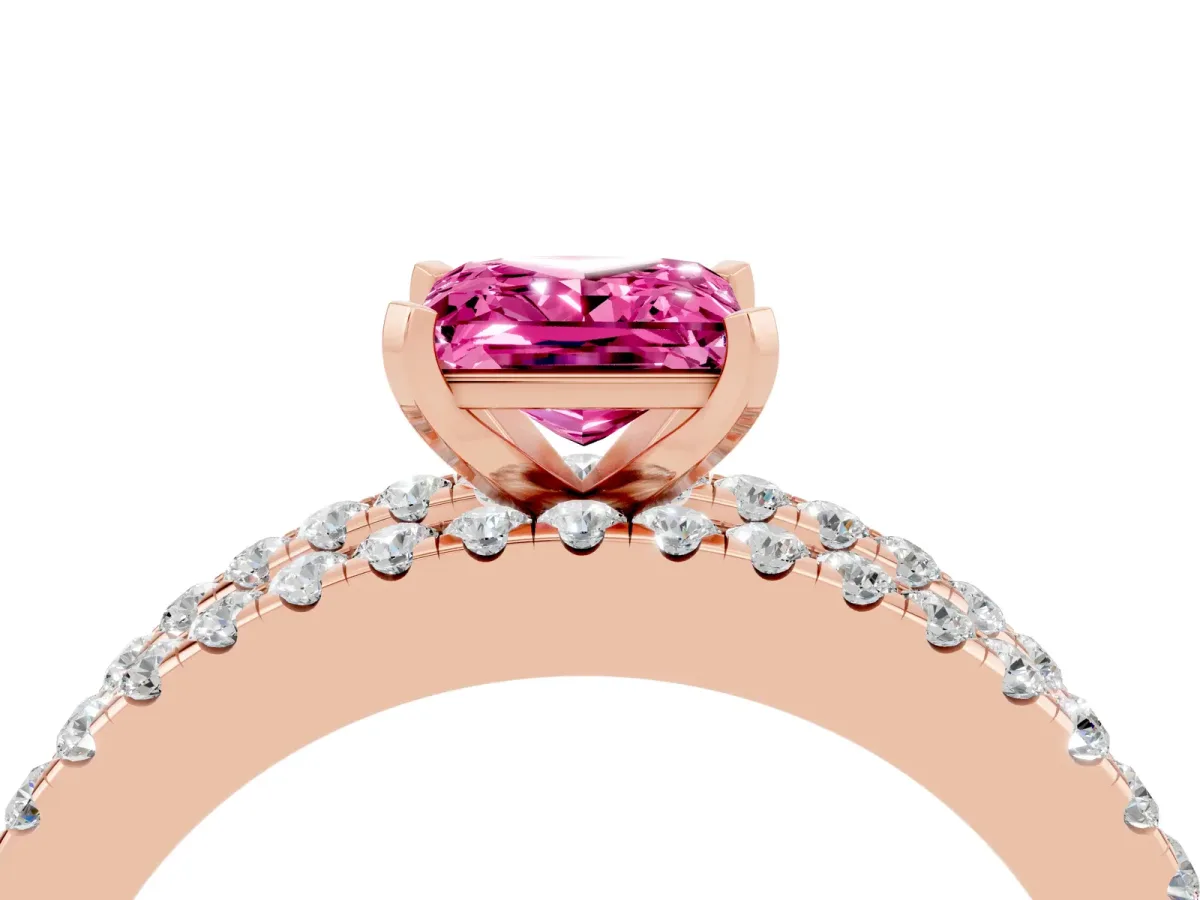Princess Cut Pink Sapphire Solitaire Ring with Pavé and Channel Set Band Rose gold