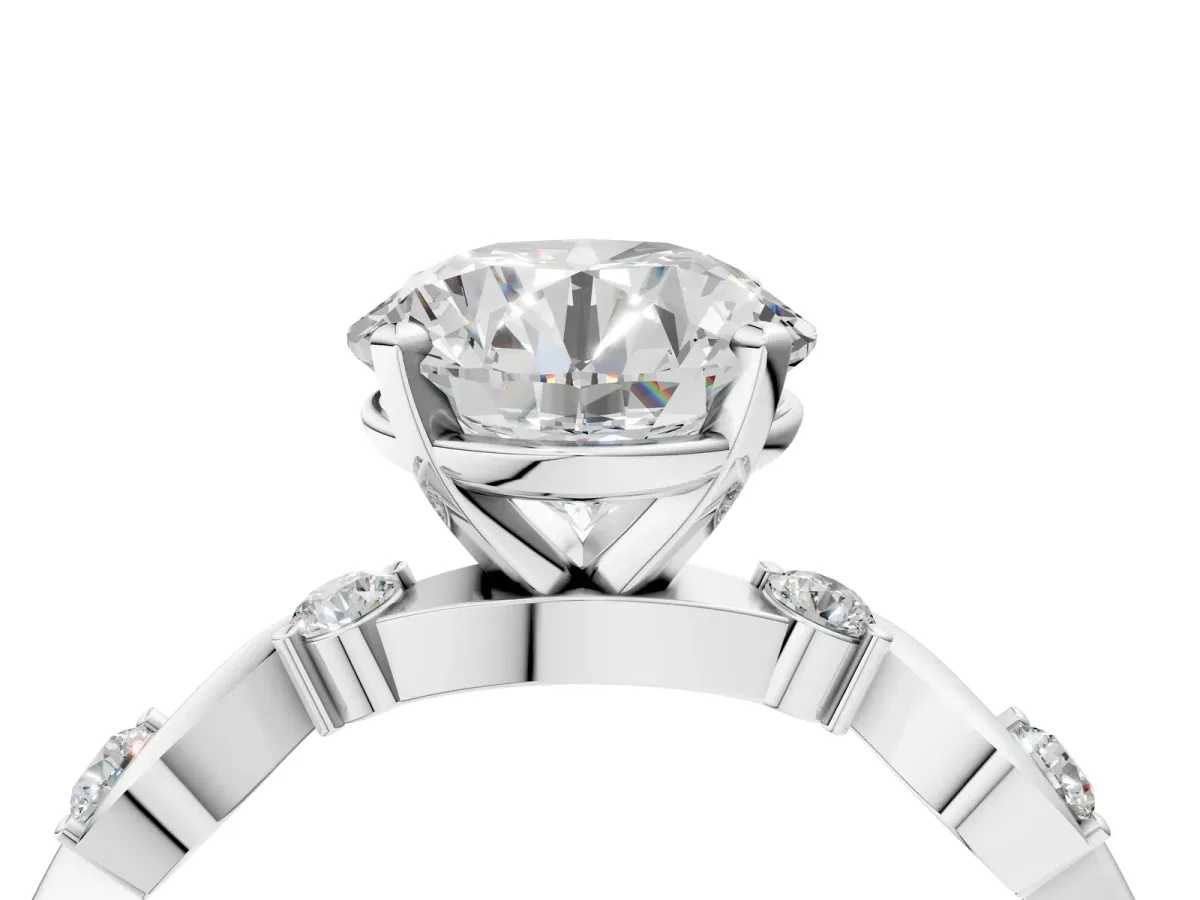 Round Cut Diamond Solitaire Twisted Band with Round Accents and Prong Setting Silver