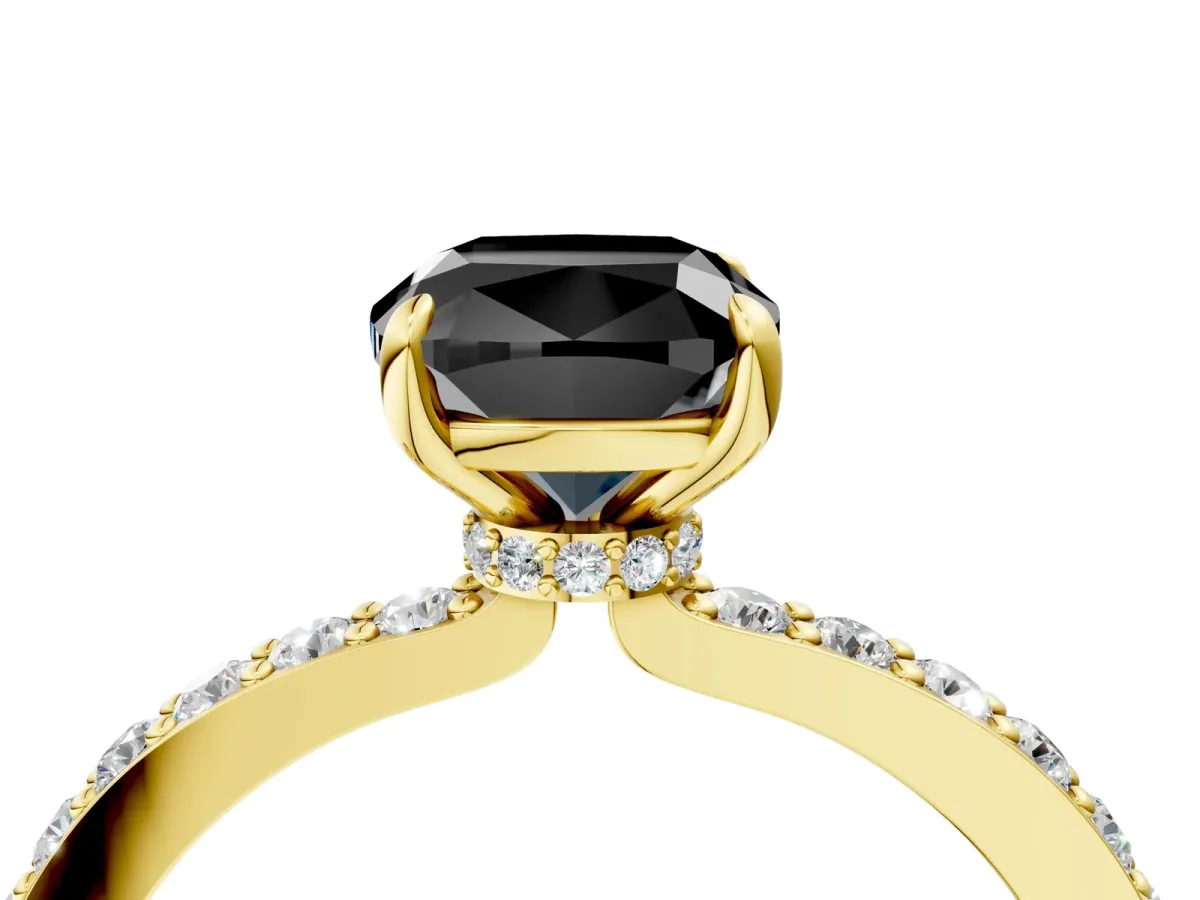 Fancy Black Cushion Cut Diamond Solitaire Engagement Ring with Pavé Band and Four-Prong Setting Yellow gold