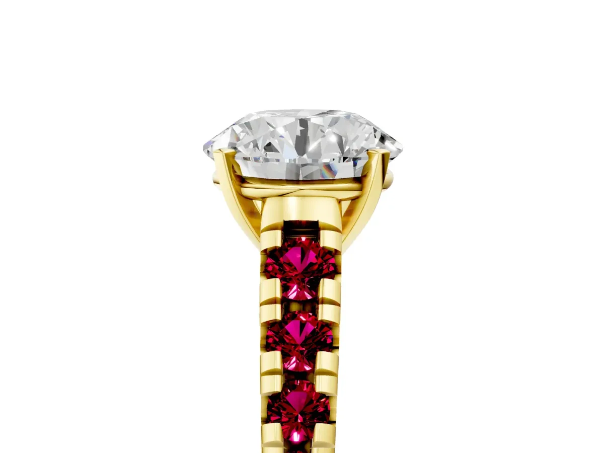 Round Cut Diamond Cathedral Solitaire Ring with Round Garnet Pavé Band Yellow gold