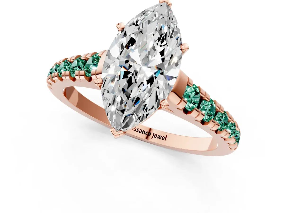 Marquise Cut Diamond Cathedral Solitaire Ring with Round Green Sapphire Pavé Band Rose gold
