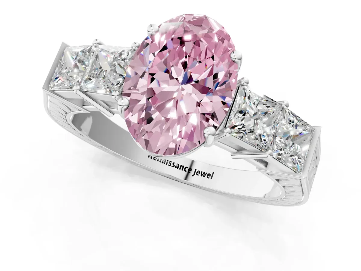 Fancy Pink Oval Cut Solitaire Princess Side Stone Engraved Band Prong Setting Ring Silver