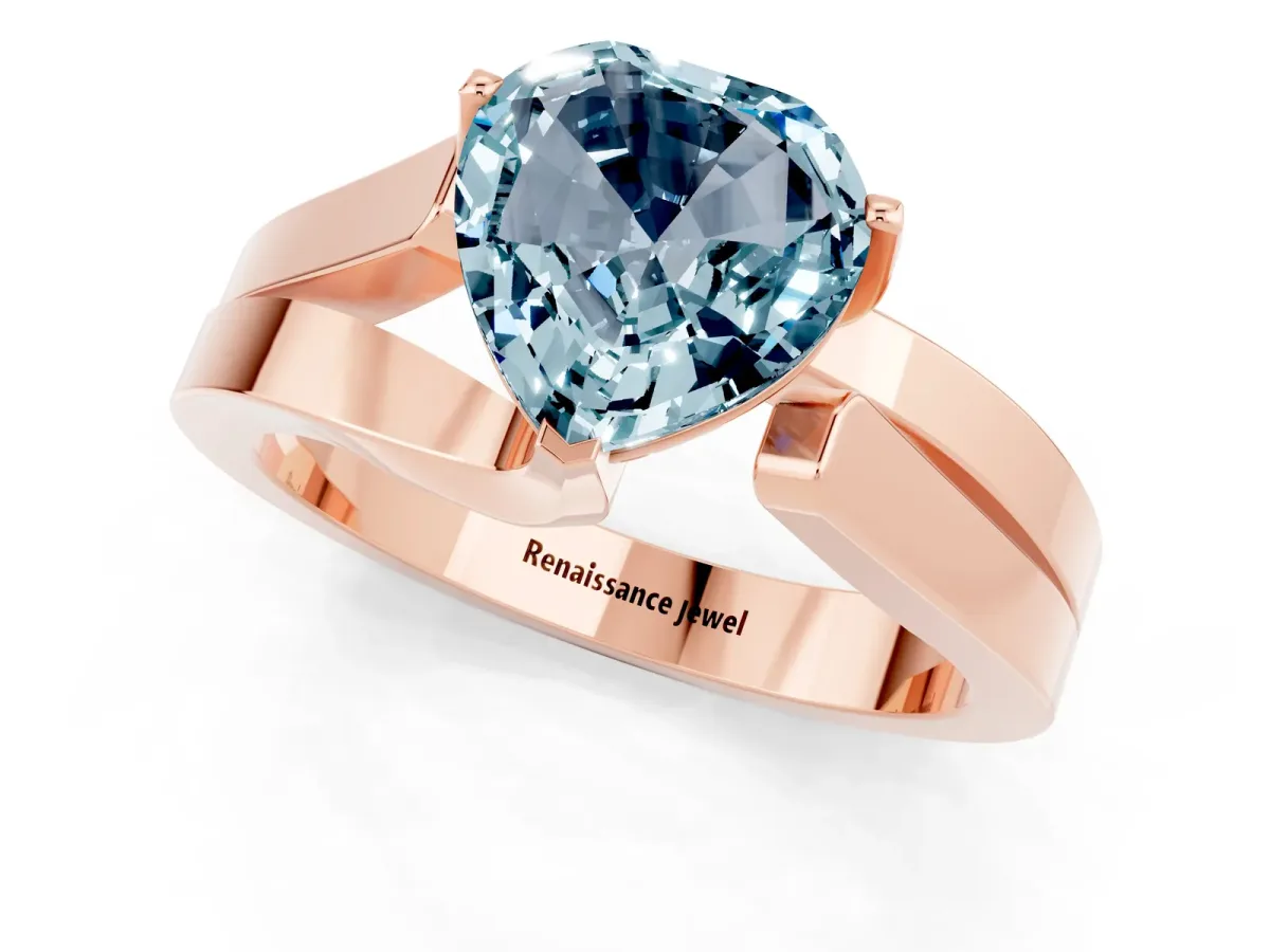 Modern Tension Set Heart Cut Aquamarine Solitaire Wide Band Ring Rose gold