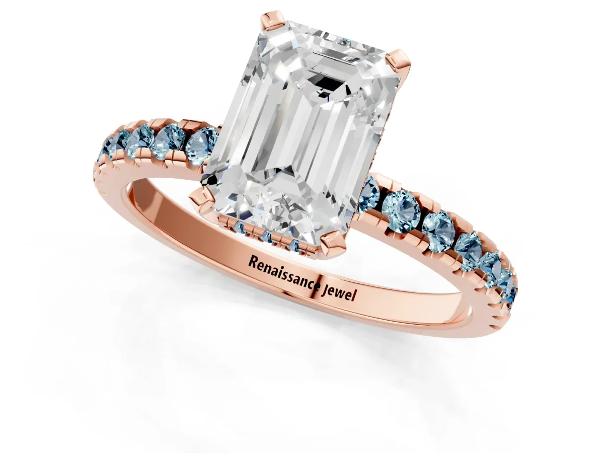 Emerald Cut Diamond Solitaire Ring with Round Aquamarine Pavé Band and Four-Prong Setting Rose gold