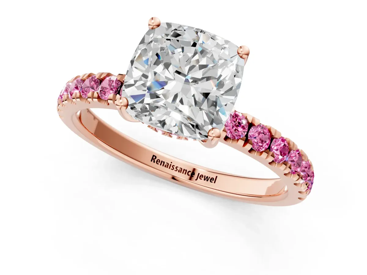 Cushion Cut Diamond Pave Band Solitaire Ring with Round Pink Sapphire and Prong Setting Rose gold