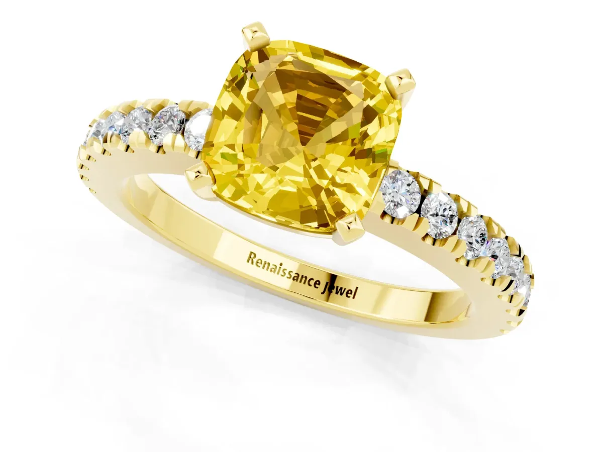 Cushion Cut Solitaire Yellow Sapphire with Pavé Band and Four-Prong Setting Yellow gold