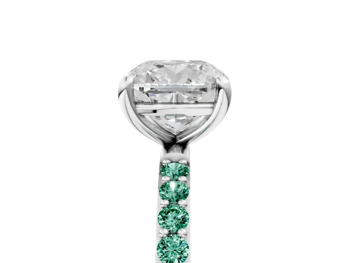 Cushion Cut Diamond Solitaire Ring with Round Green Sapphire Pavé Band and Prong Setting White gold