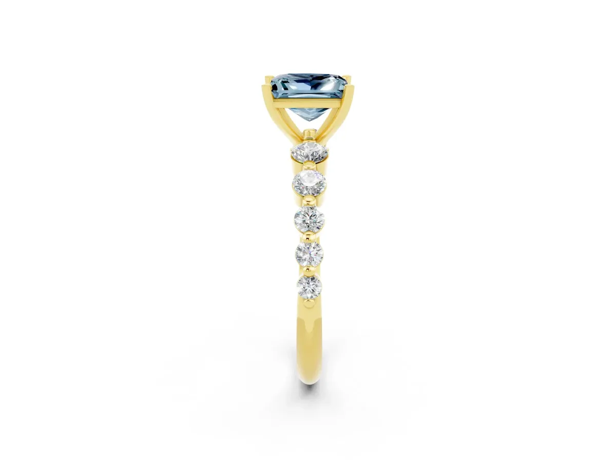 Princess Cut Solitaire Aquamarine Ring with Pave Band and Four-Prong Setting Yellow gold