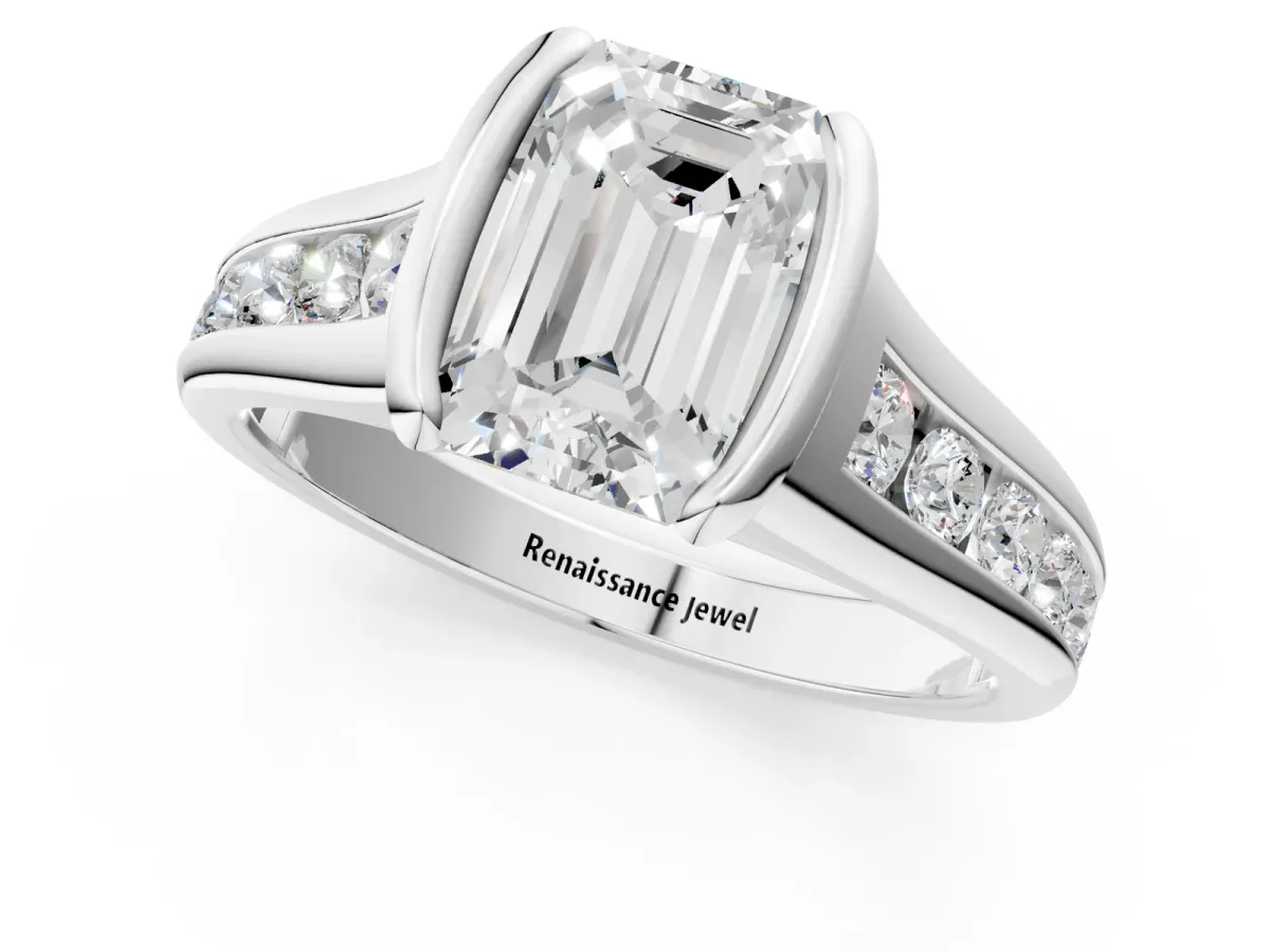 Emerald Cut Solitaire Bezel-Set Diamond Ring with Channel-Set Band Platinum