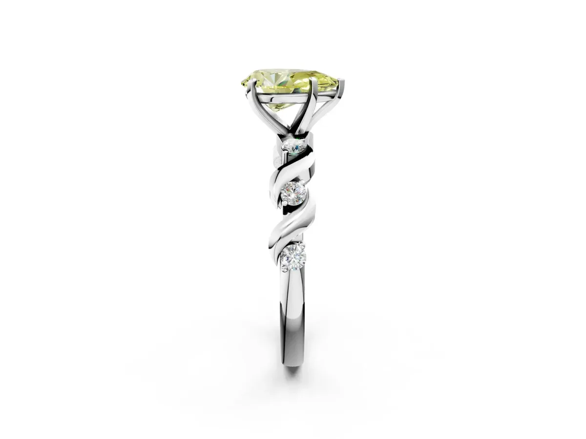 Fancy Yellow Pear Cut Diamond Solitaire Twisted Band with Round Accents and Prong Setting White gold