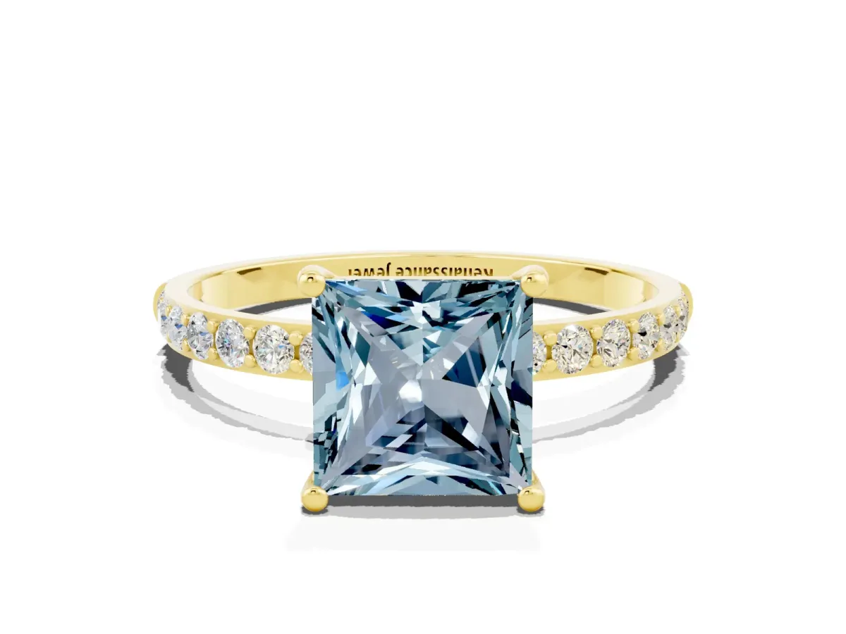 Princess Cut Aquamarine Solitaire Ring with Round Pavé Band and Prong Setting Yellow gold