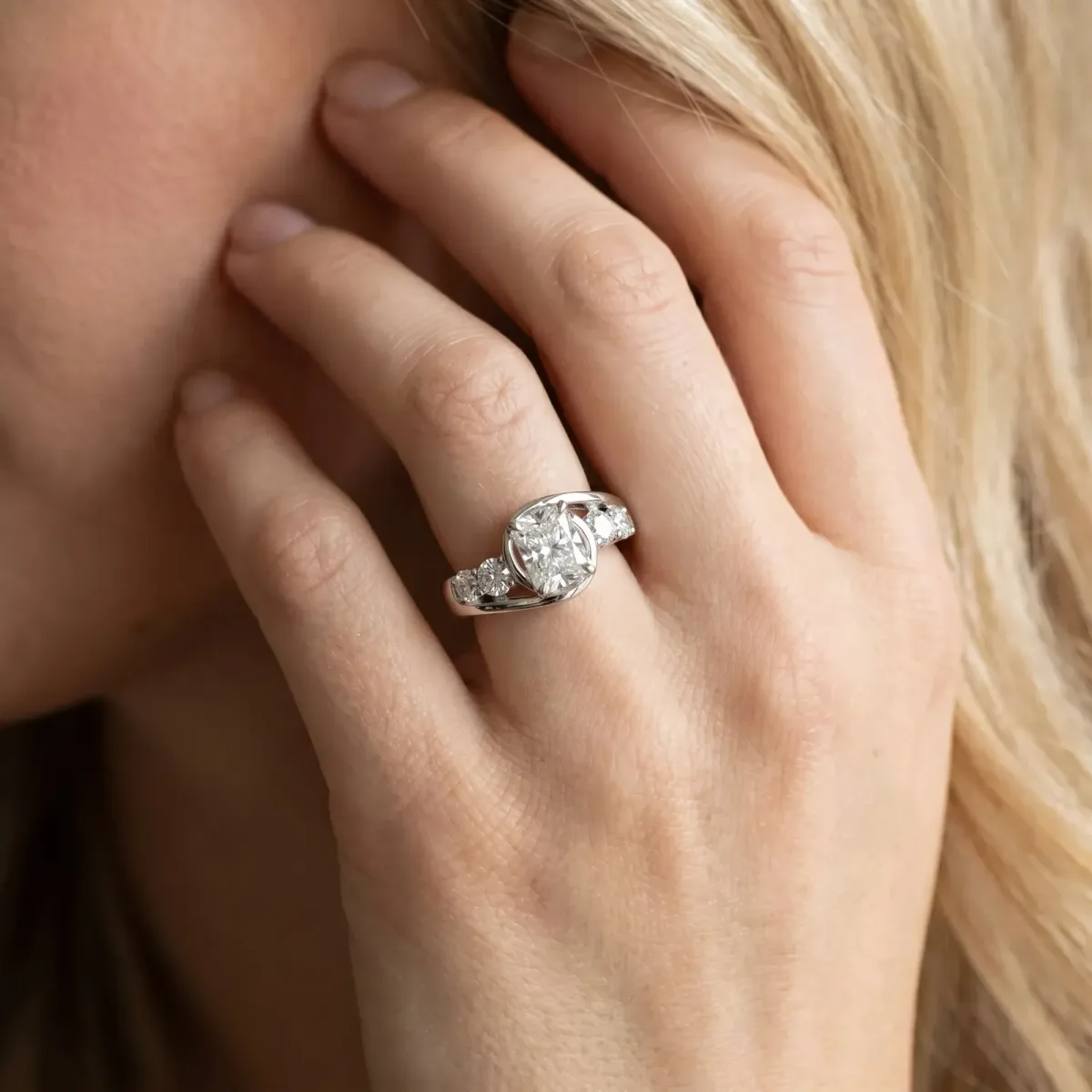 Bezel Set Radiant Cut Diamond Bypass Ring with Round Accents White gold