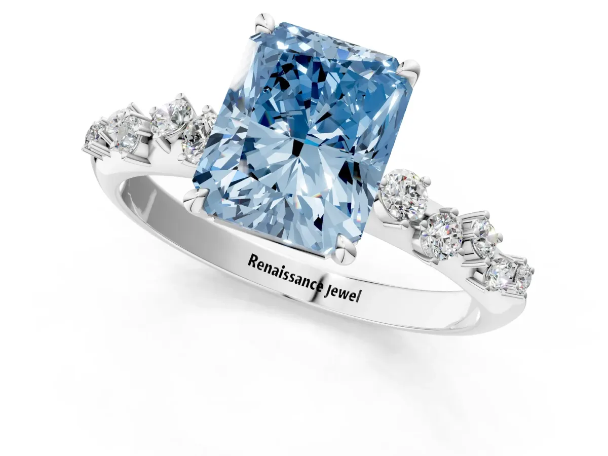 Fancy Blue Radiant Cut Diamond Cluster Side Stone Solitaire Ring with Prong Setting Platinum