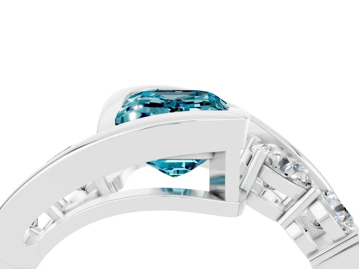 Bezel Set Emerald Cut Blue Topaz Bypass Ring with Round Accents Silver