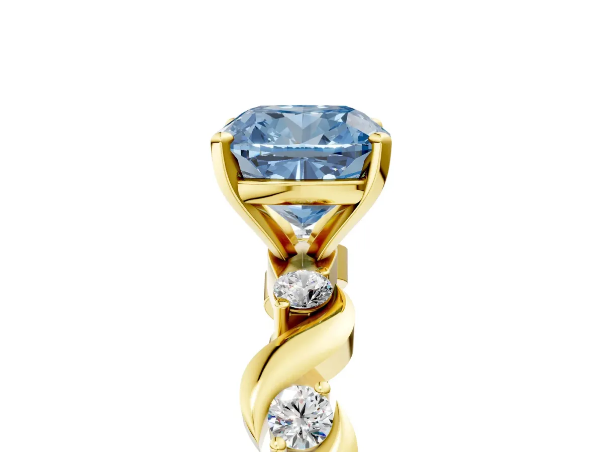 Fancy Blue Cushion Cut Diamond Solitaire Twisted Band with Round Accents and Prong Setting Yellow gold