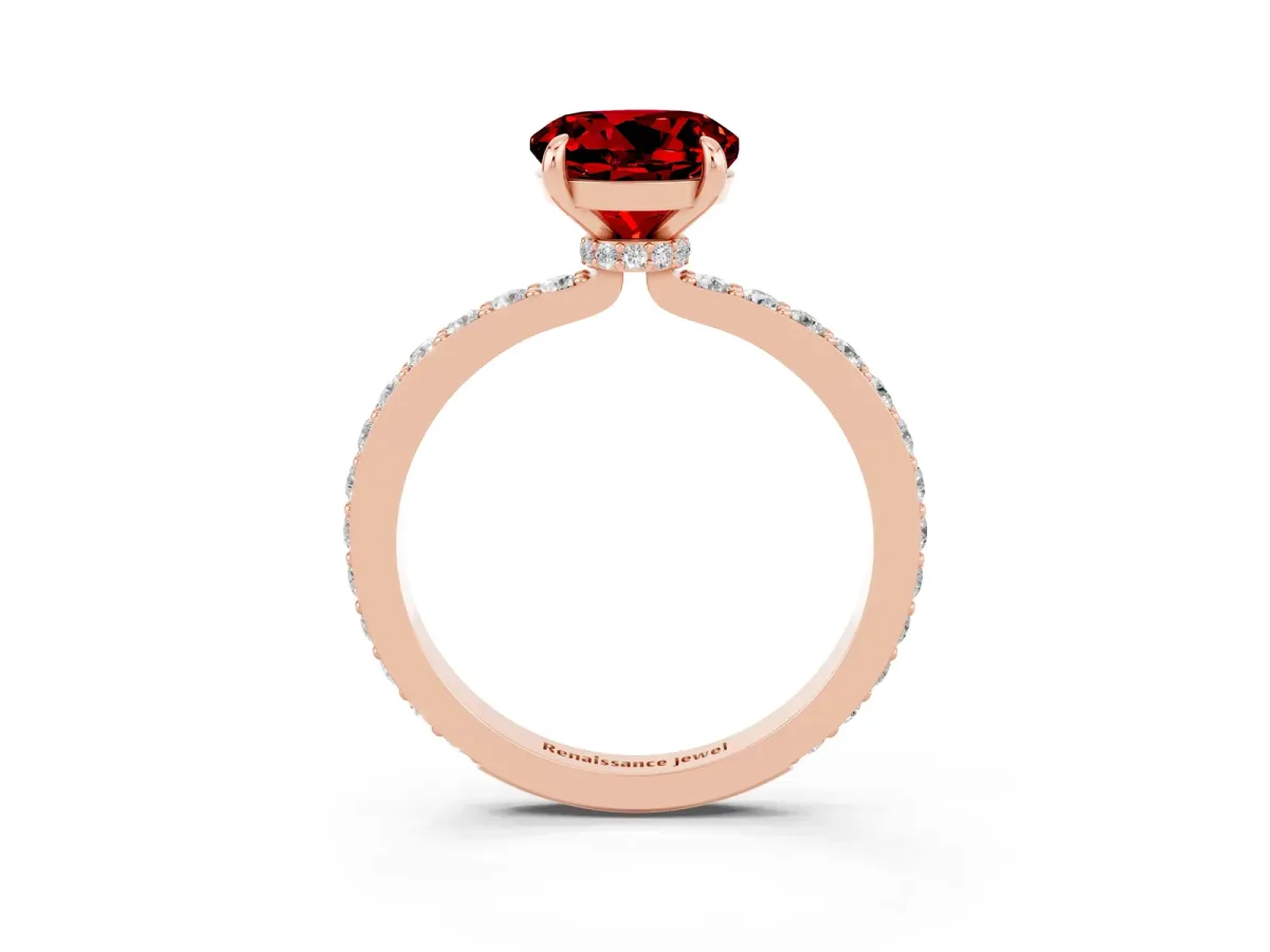 Round Cut Ruby Solitaire Engagement Ring with Pavé Band and Four-Prong Setting Rose gold