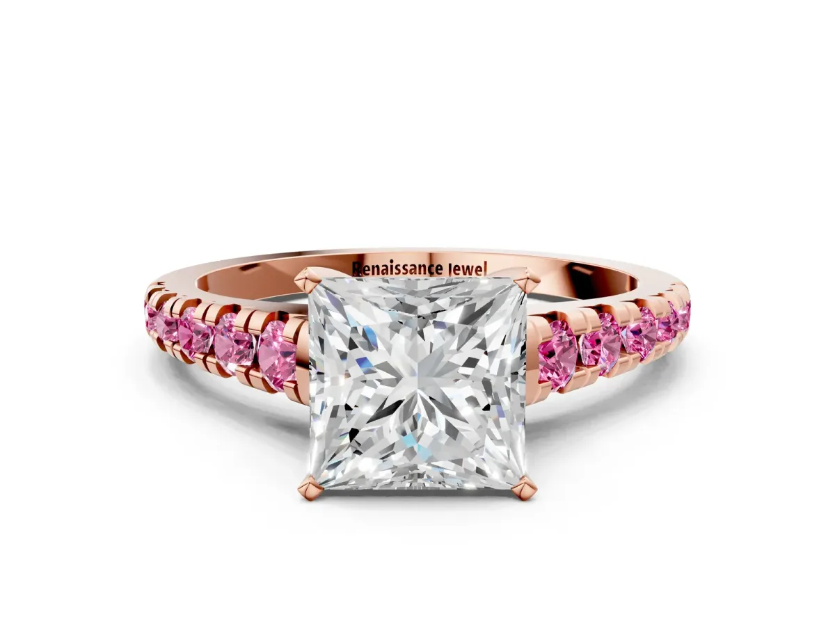 Princess Cut Diamond Cathedral Solitaire Ring with Round Pink Sapphire Pavé Band Rose gold