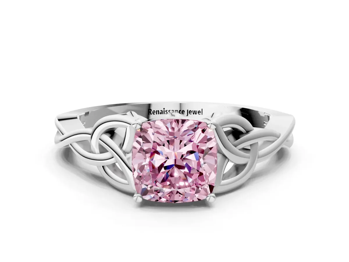 Fancy Pink Cushion Cut Diamond Solitaire Engagement Ring with Celtic Knot Band and Four-Prong Setting White gold