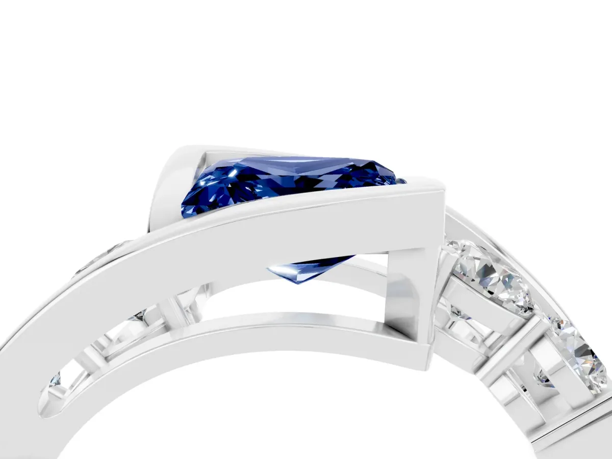 Bezel Set Princess Cut Blue Sapphire Bypass Ring with Round Accents Silver