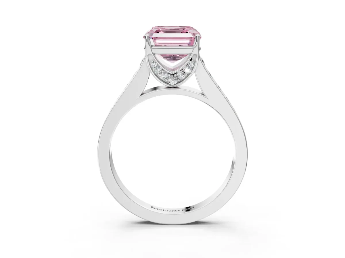 Fancy Pink Asscher Cut Brilliant Cut Diamond Engagement Ring with Pavé Band and Four-Prong Setting Platinum
