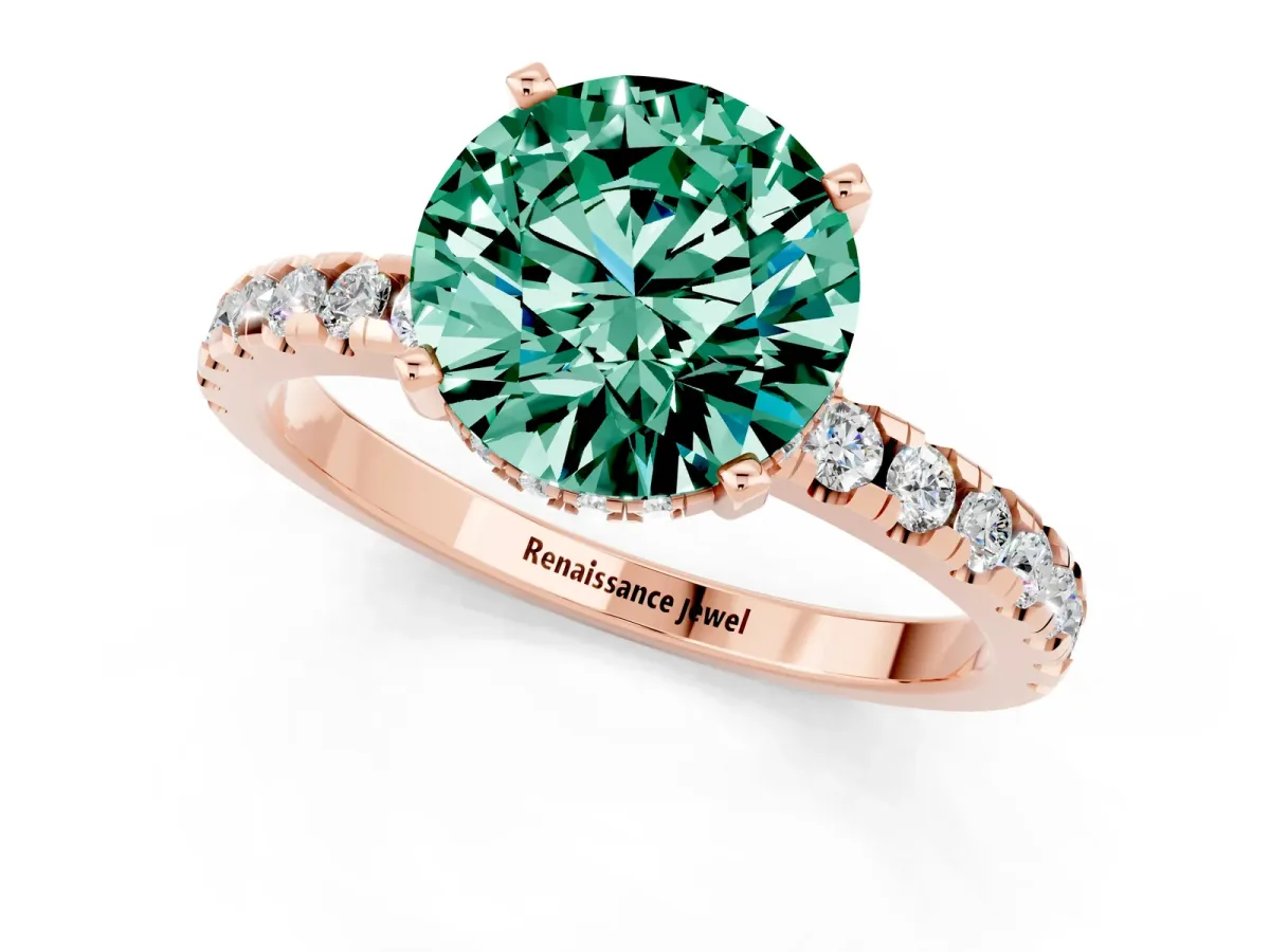 Round Cut Green Sapphire Solitaire Ring with Round Pavé Band and Four-Prong Setting Rose gold