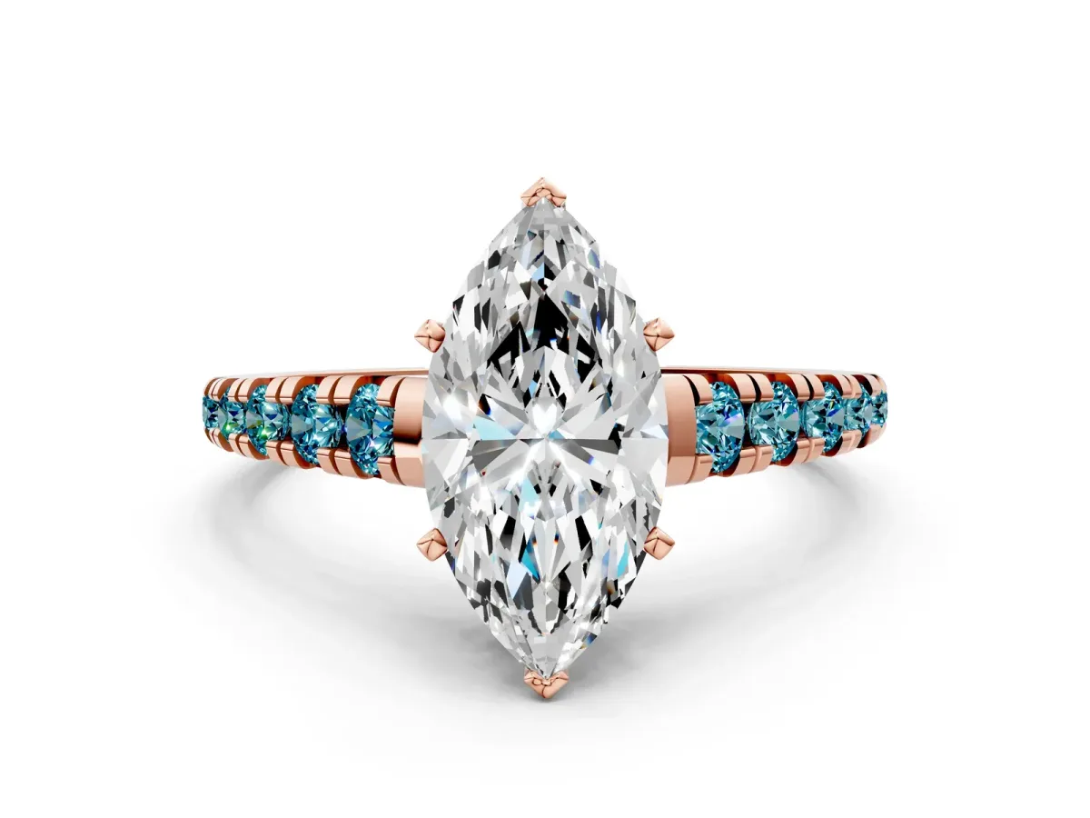 Marquise Cut Diamond Cathedral Solitaire Ring with Round Blue Topaz Pavé Band Rose gold