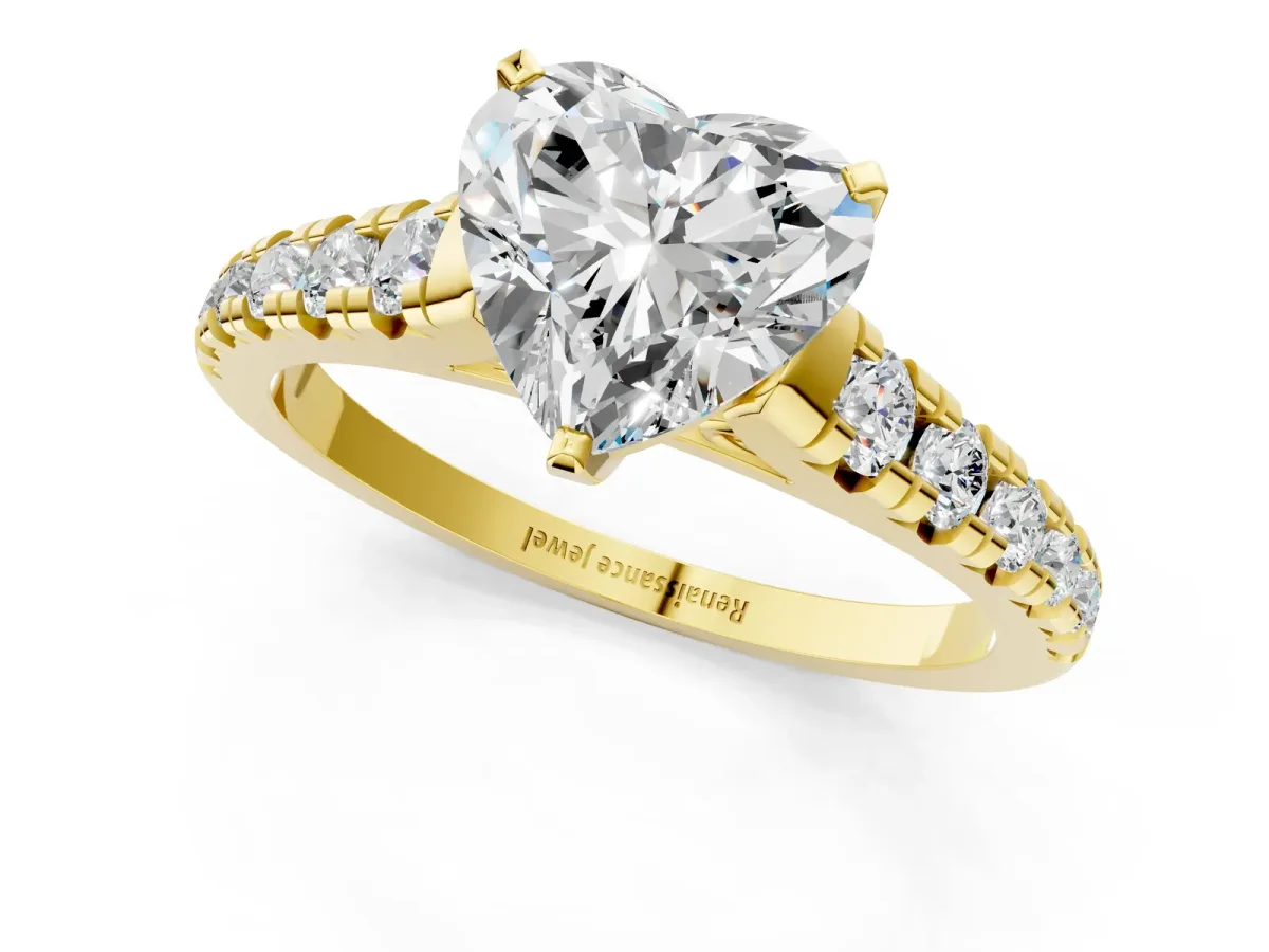 Heart Cut Diamond Cathedral Solitaire Ring with Round Moissanite Pavé Band Yellow gold