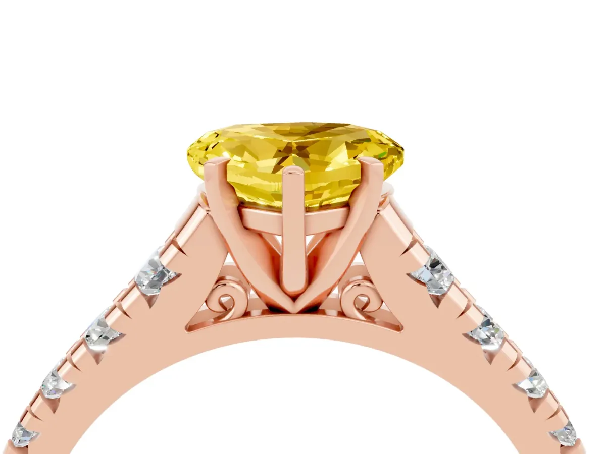 Heart Cut Yellow Sapphire Cathedral Solitaire Ring with Round Pavé Band Rose gold
