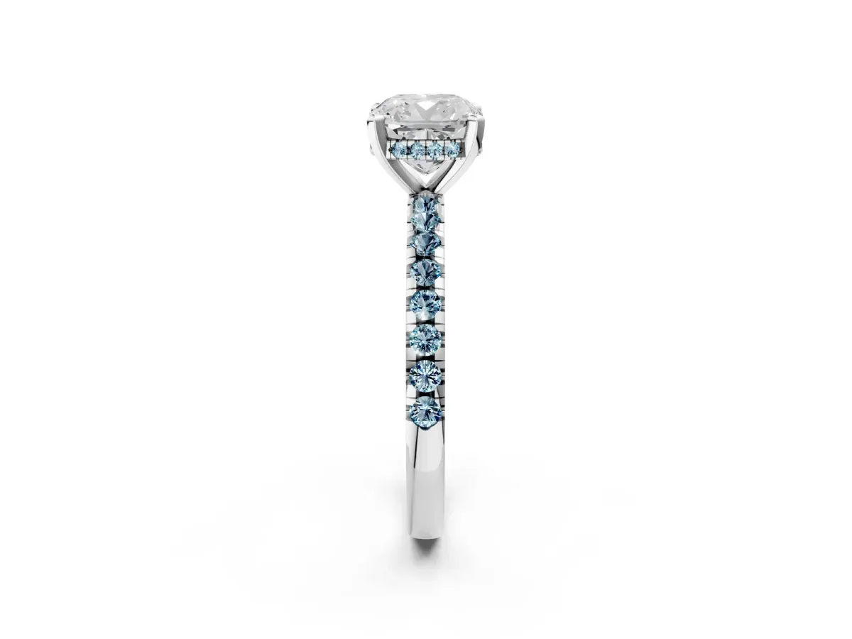 Cushion Cut Diamond Solitaire Ring with Round Aquamarine Pavé Band and Four-Prong Setting Platinum