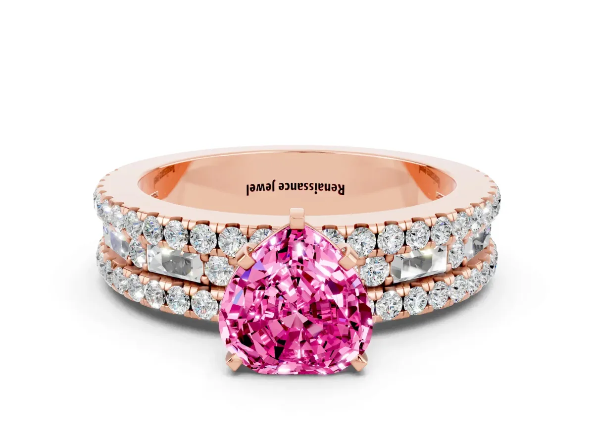 Heart Cut Pink Sapphire Solitaire Ring with Pavé and Channel Set Band Rose gold