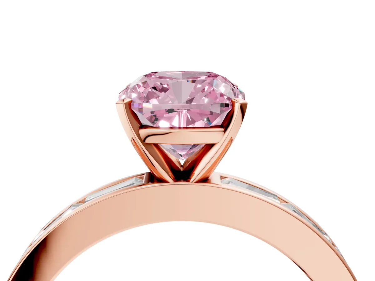 Fancy Pink Cushion Cut Solitaire Diamond Ring with Channel-Set Baguette Band and Four-Prong Setting Rose gold