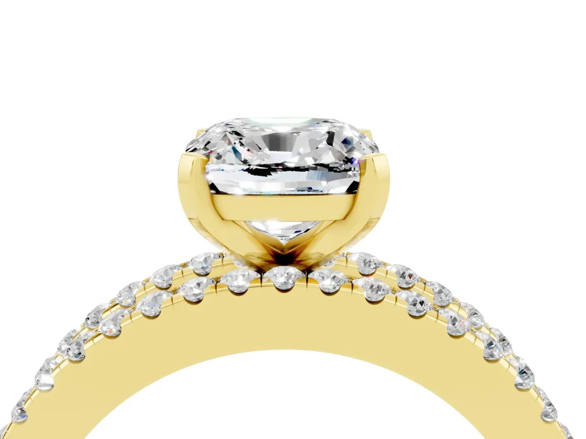 Cushion Cut Moissanite Solitaire Ring with Pavé and Channel Set Band Yellow gold