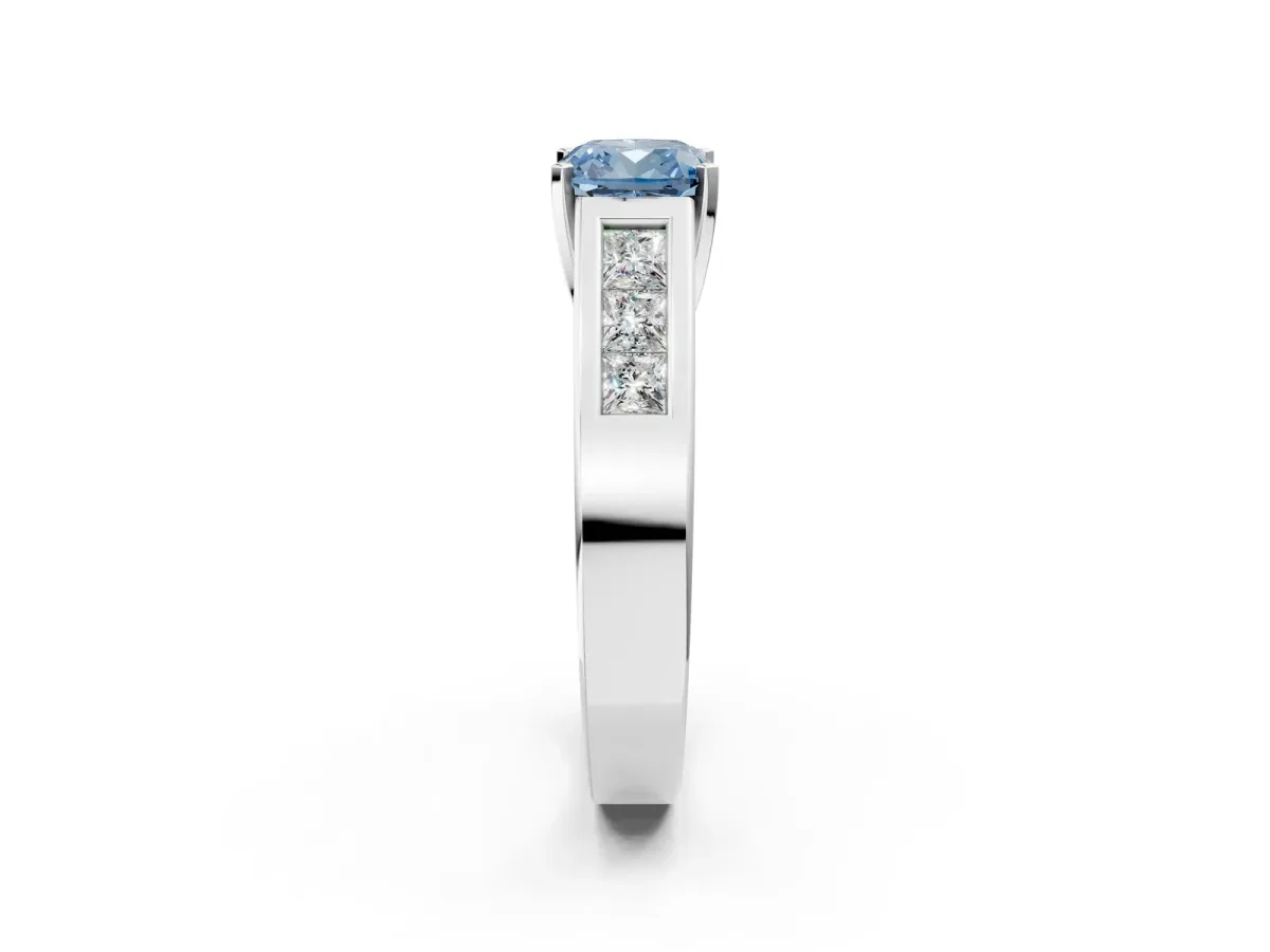 Fancy Blue Cushion Cut Cut Channel Set Solitaire Ring with Four-Prong Setting Silver