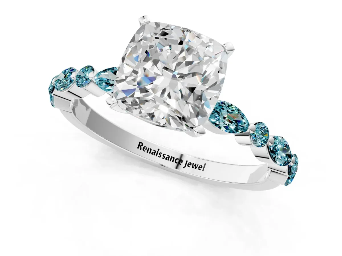 Cushion Cut Diamond Ring with Marquise and Round Blue Topaz Side Stones and Four-Prong Setting White gold